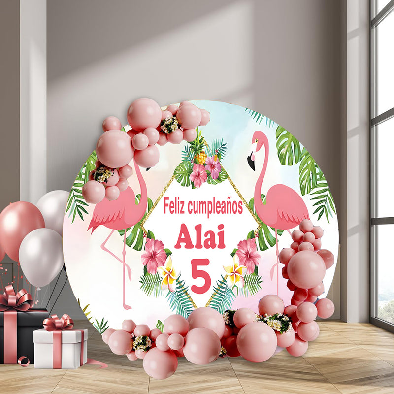 Customize Name Summer Flamingo Round Photo Backdrop Cover Tropical Hawaii Birthday Party Circle Background Cover