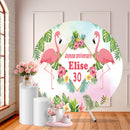 Customize Name Summer Flamingo Round Photo Backdrop Cover Tropical Hawaii Birthday Party Circle Background Cover