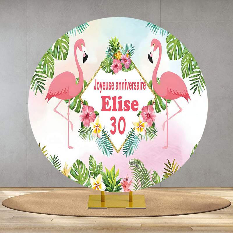 Customize Name Summer Flamingo Round Photo Backdrop Cover Tropical Hawaii Birthday Party Circle Background Cover