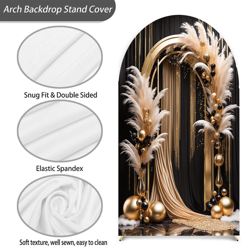 Customize Size Black Gold Photo Background Cover Arch Chiara Birthday Theme Background Double Side Elastic Covers