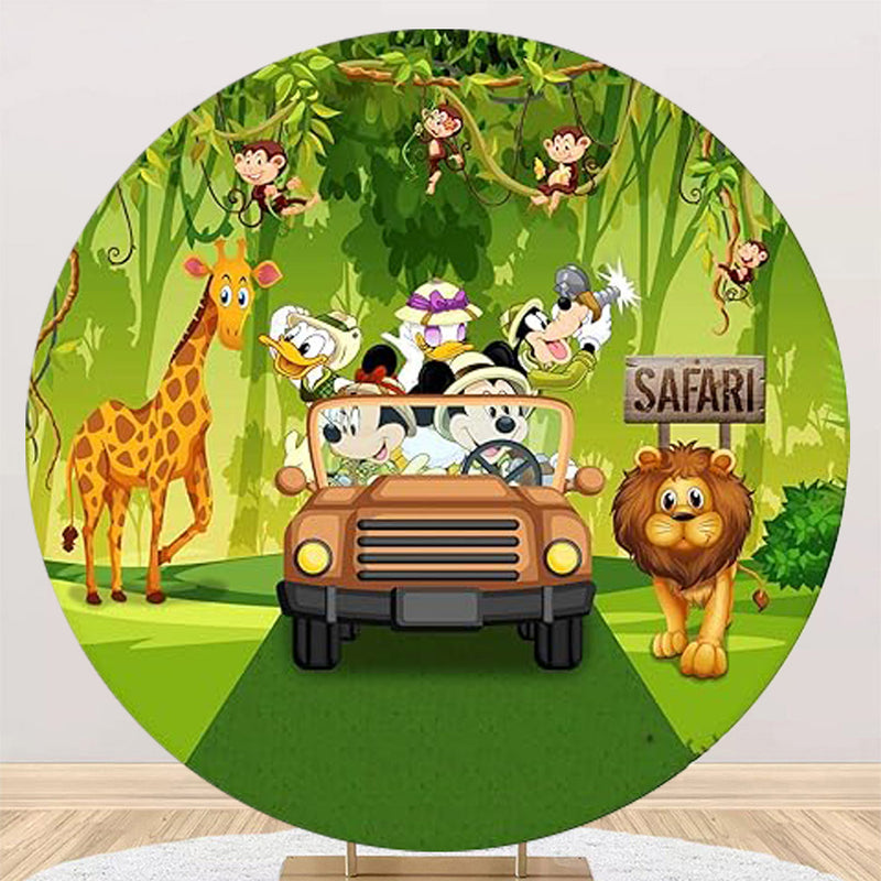 Customize Jungle Safari Cartoon Photo Backdrop Theme Cover Round Backdrop Boys Birthday Party Circle Background Cover