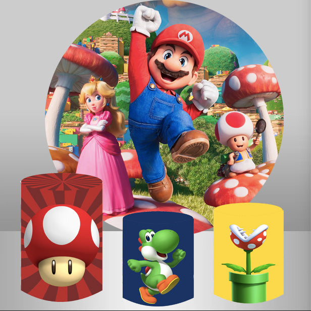 Customize The Super Mario Bros Round Backdrop Mario Kids Photo Birthday Circle Background Cylinder Plinth Covers