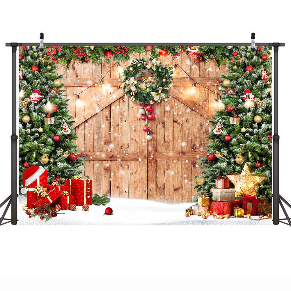 Christmas Rustic Barn Wood Door Backdrop Photocall Xmas Tree Gift Birt ...