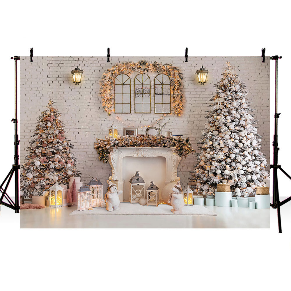 Christmas Toy Bear Background for Photography Fireplace and Pine Tree ...