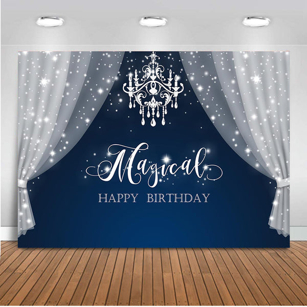 Happy Birthday Backdrop Banner, Navy Blue and Silver Glitter Birthday Party