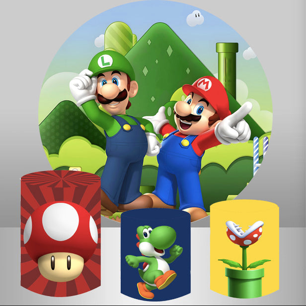 Super Marios Round Backdrop Boys Birthday Circle Background Cylinder Plinth Covers