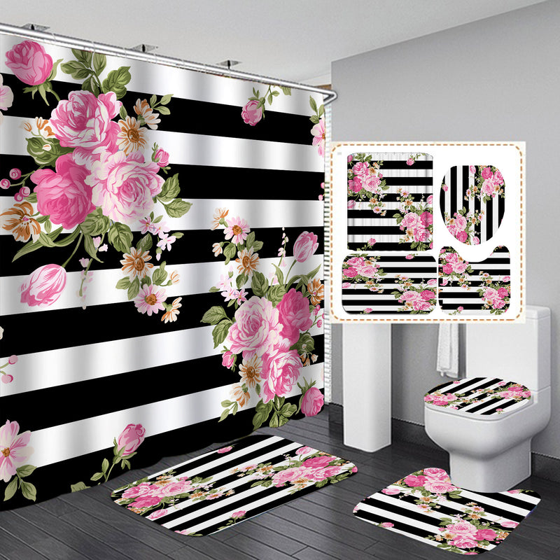 Pink Flowers Shower Curtain Bathroom Curtains Black White Stripes